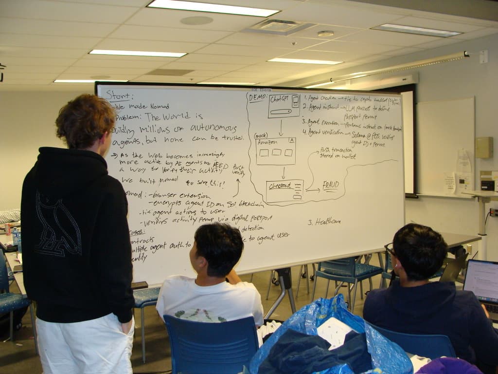 Presenting the Nomad project at a hackathon whiteboard