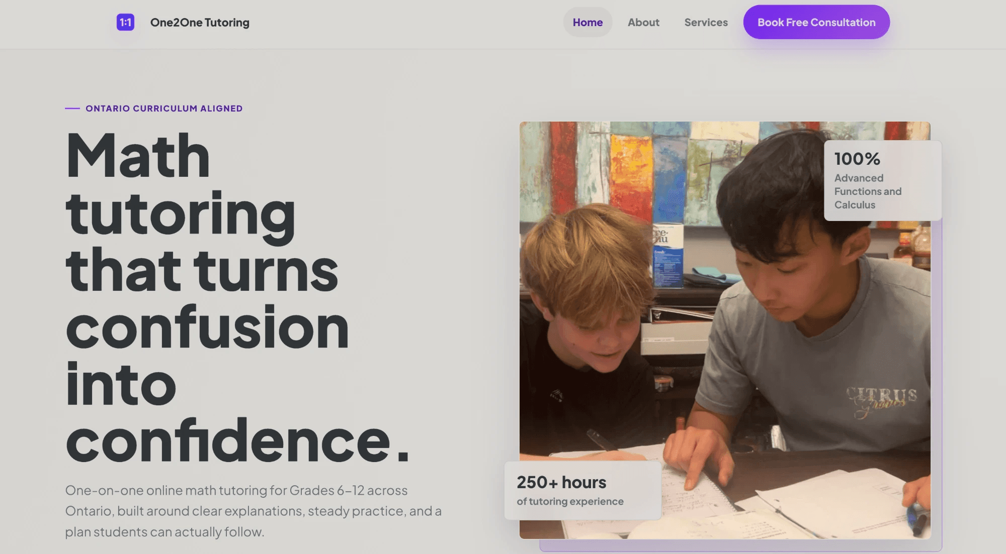 One2One Tutoring website homepage